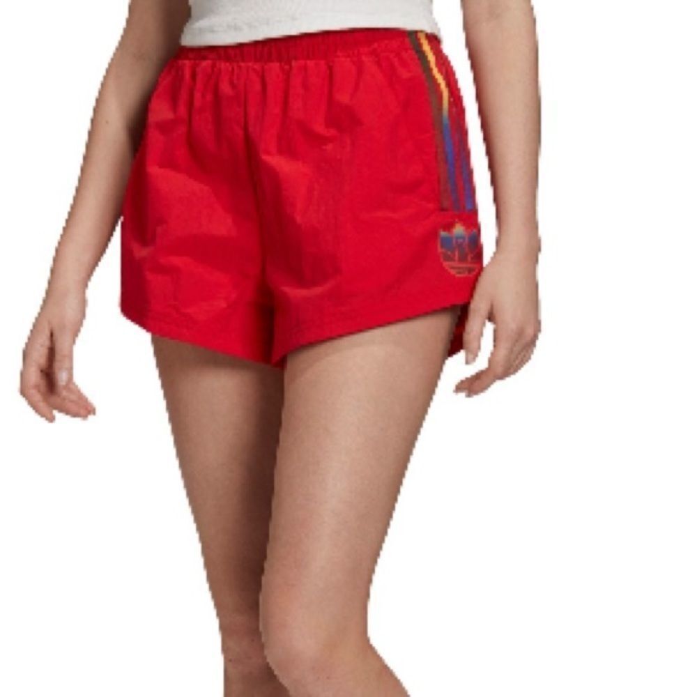 adidas Red Athletic Running Shorts with Rainbow Stripe